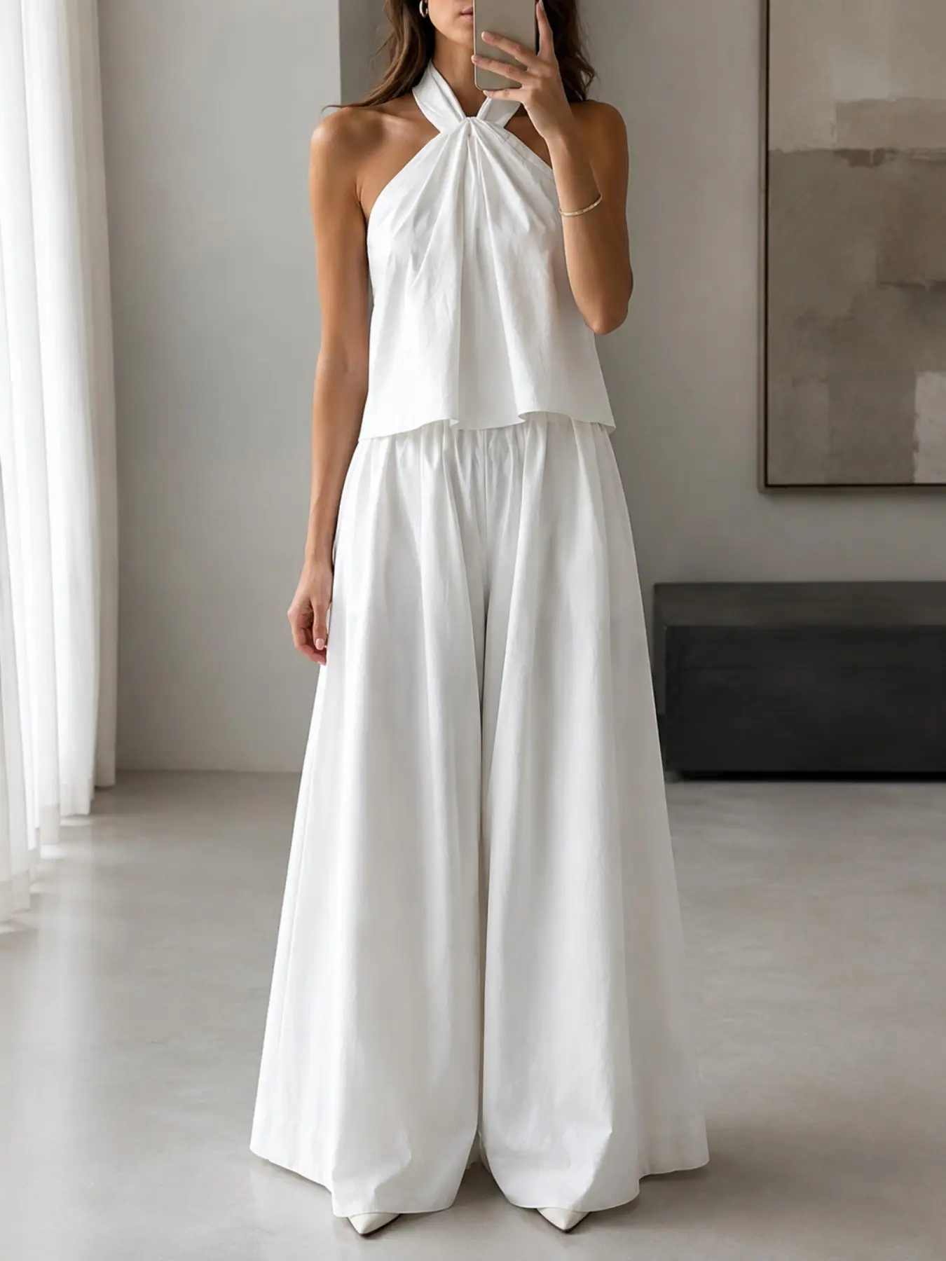 Women's Minimalist Two-Piece Set, Halter Neck Sleeveless Loose Fit Top & High-Waisted Wide Leg Pants, Spring Fall for Travel & Casual Wear