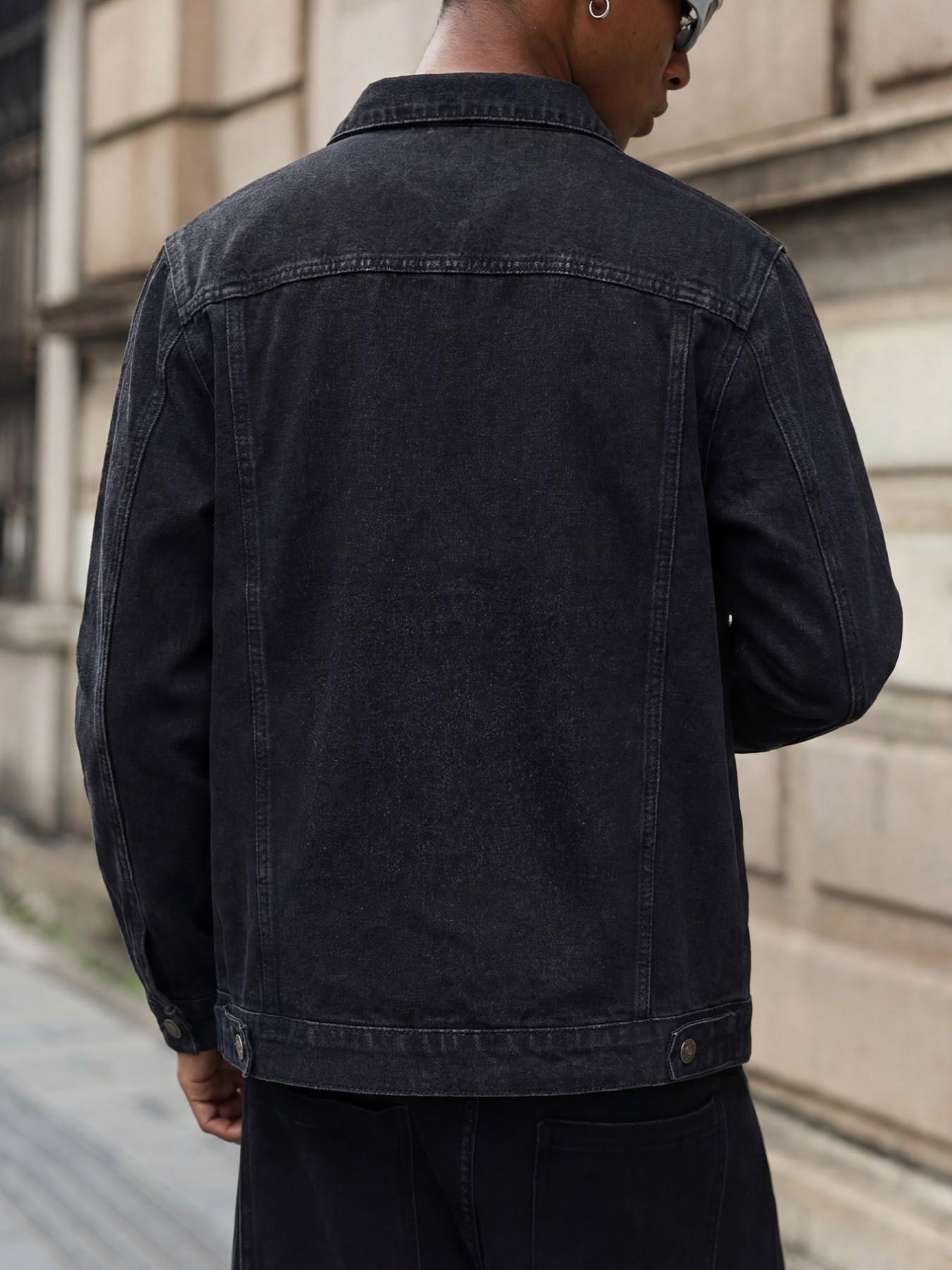 Men's Vintage Washed Black Denim Jacket for Autumn and Winter, Work Jacket with Metal Buttons and Turned Collar, Distressed Cropped Outerwear, Street Vintage Boyfriend Casual Style Top