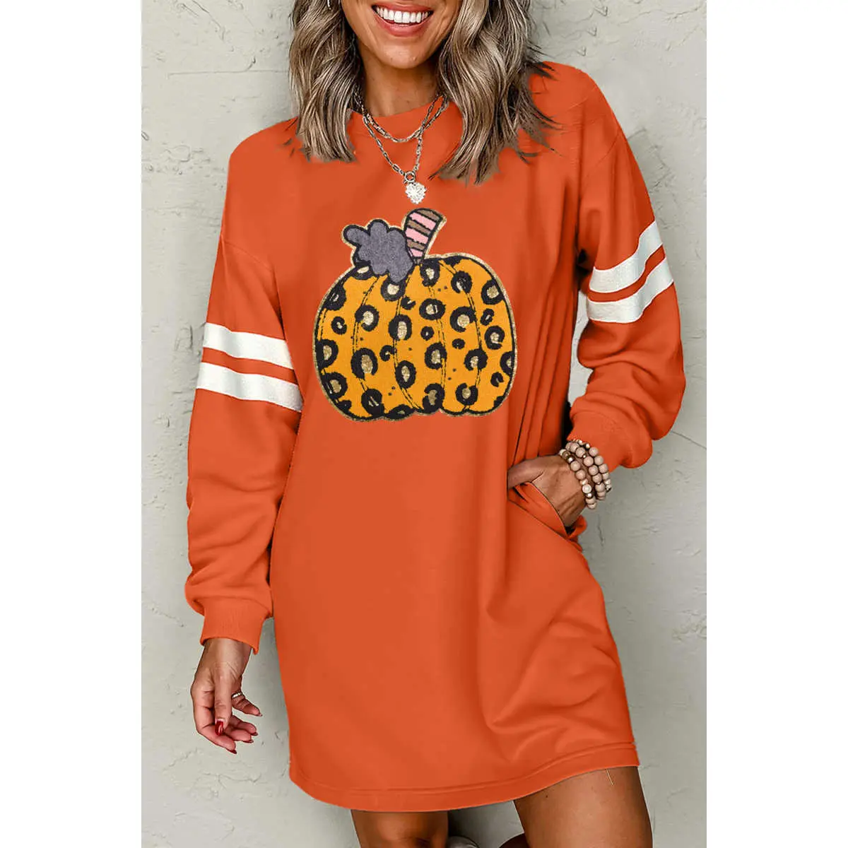 Orange Leopard Print Pumpkin Graphic Varsity Striped Long Sleeve Tunic Dress