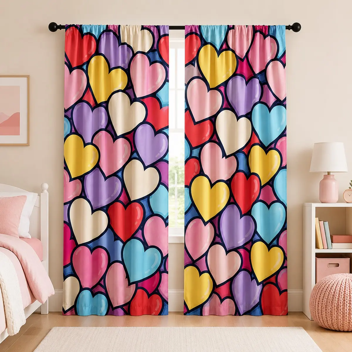 2pcs Macaron-colored curtain with a colorful heart print; features a modern cartoon/comic style and rod-pocket mounting. Made of polyester; suitable for bedrooms, kitchens, studies, and more.