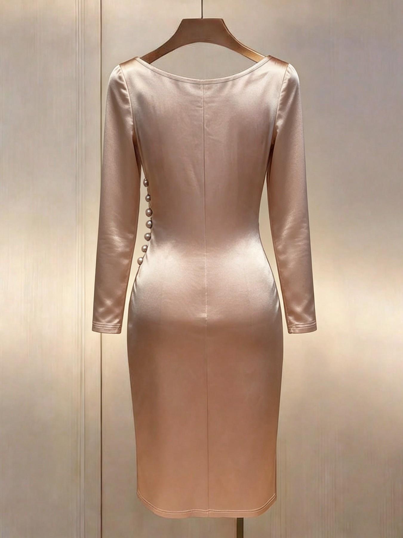 Champagne Color Midi Dress, Long Sleeve Elegant Chic Style Ruched, Knitted Glossy Fabric, Perfect for Office, Parties, Dates, Evening, Summer New Arrival