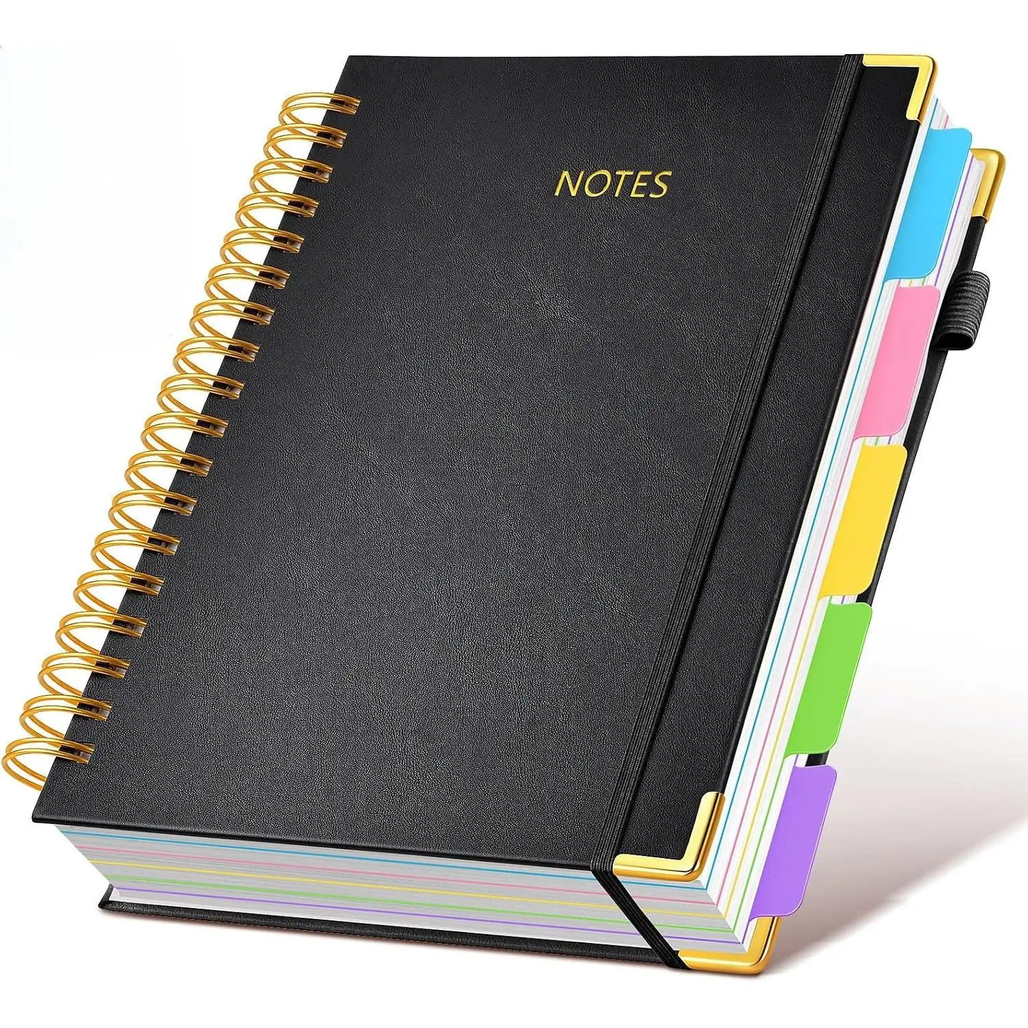 Hardcover Spiral Notebook with 5 Removable Dividers, 300 Pages, Leather Cover, College Ruled B5 Journal for School, Work, Meetings and DIY Planning, Black