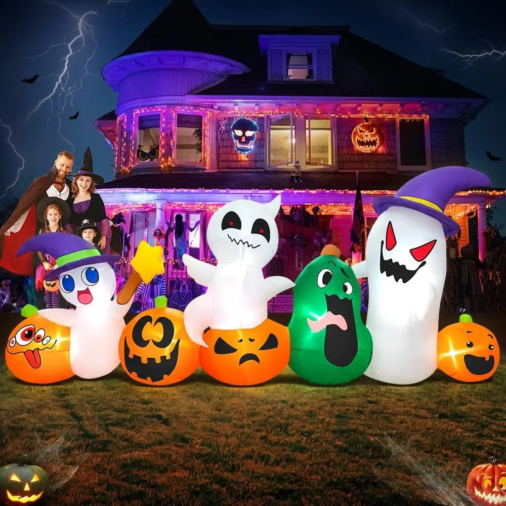 8 Feet Halloween Spooky Inflatable Decoration, Pumpkin Lantern with Ghost and Cat, LED Light, Outdoor Garden Fall Decor