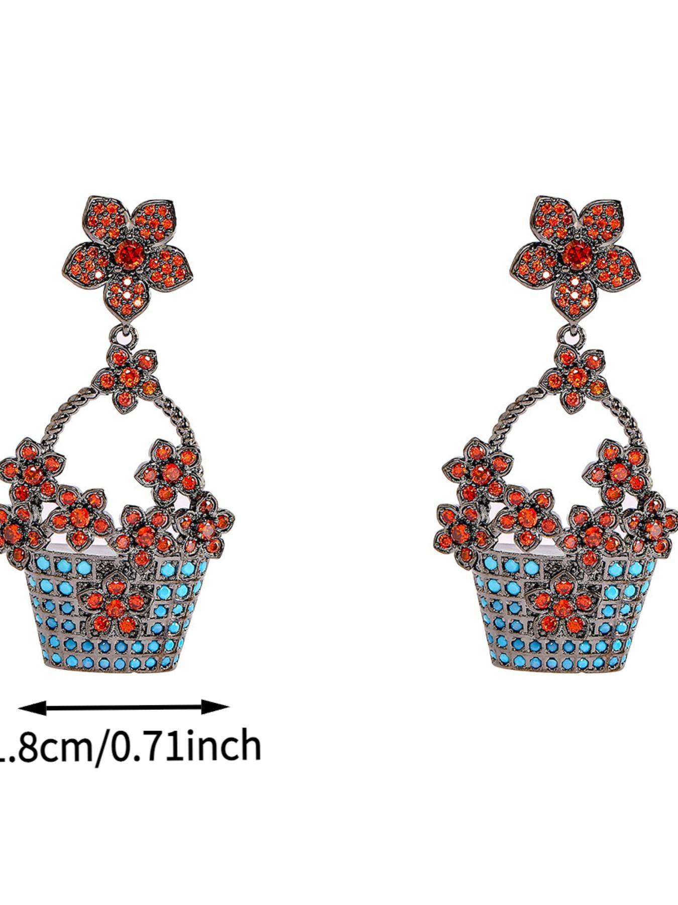 QY Elegant Floral Basket Earrings, Silver Color Dangle Earrings, Large Size with Sparkling Cubic Zircon, Perfect for Formal Events, Women's Jewelry Perfect Gift