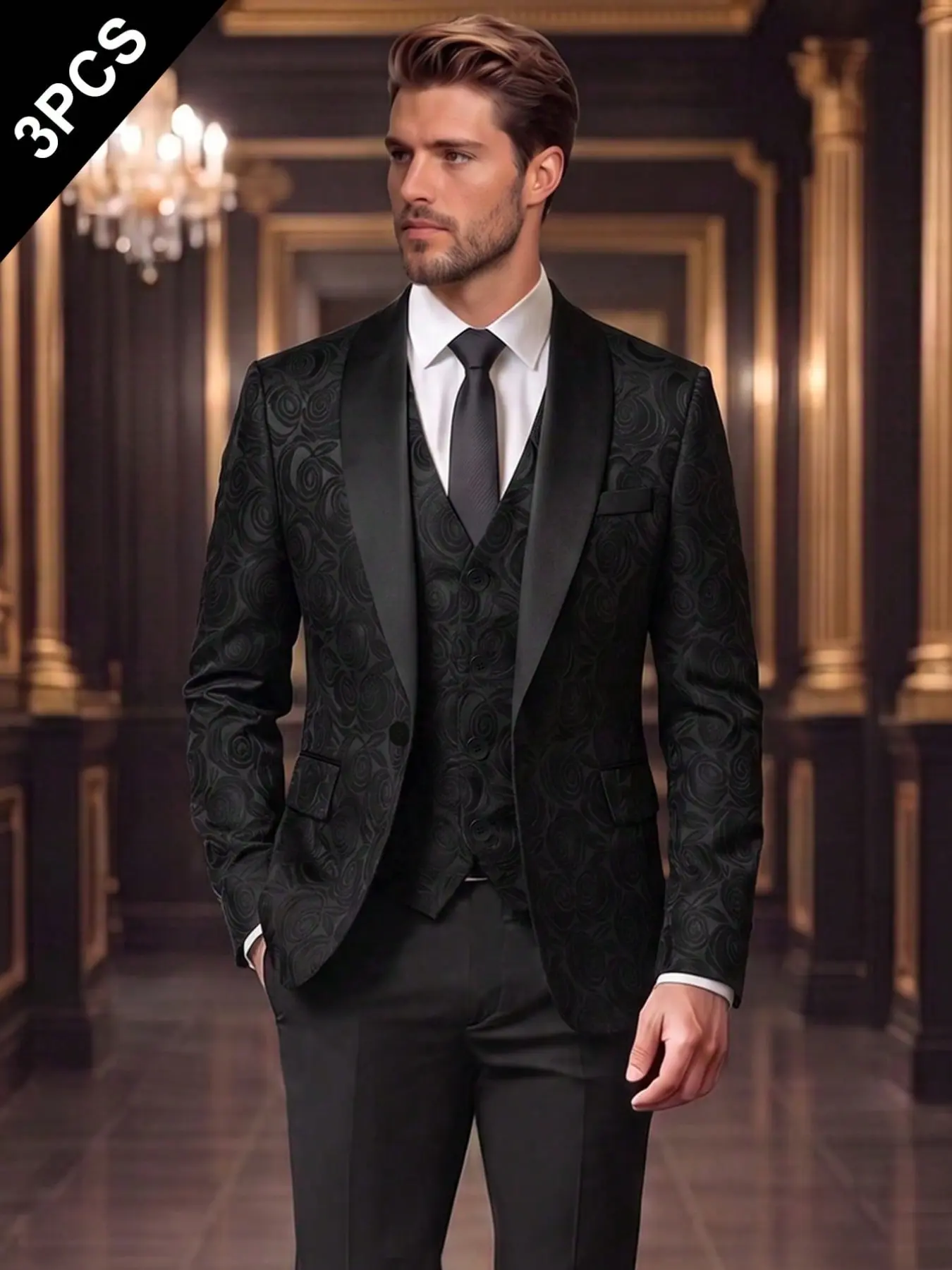 Men's Three-Piece Suit Set, Business Casual Blazer, Vest, Long Sleeve, Striped Pattern, Ideal for Weddings, Parties, Office Wear