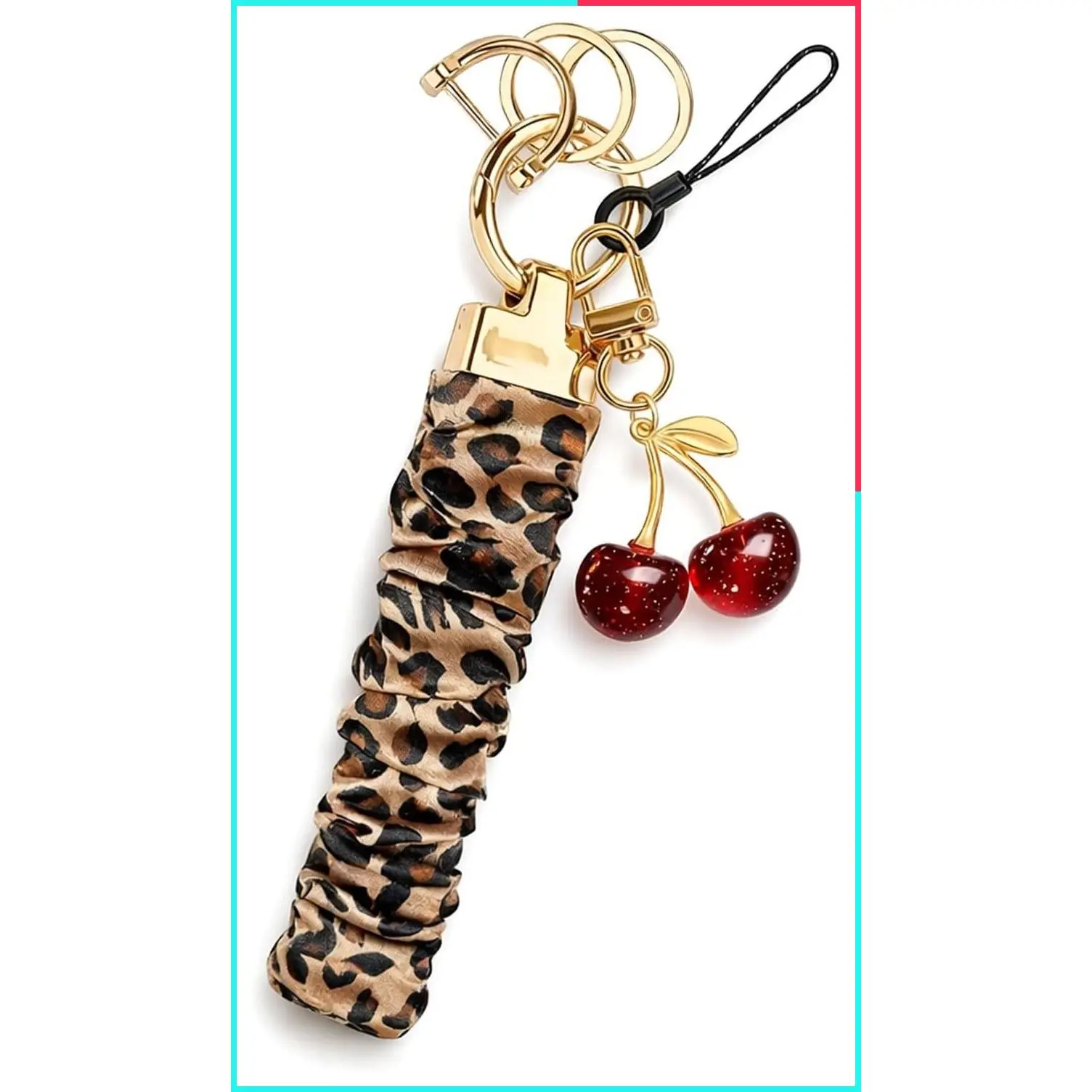 Cute Cherry Stretchy Wristlet Keychain Scrunchie Bracelet Car Key Holder Wrist Lanyard for Women