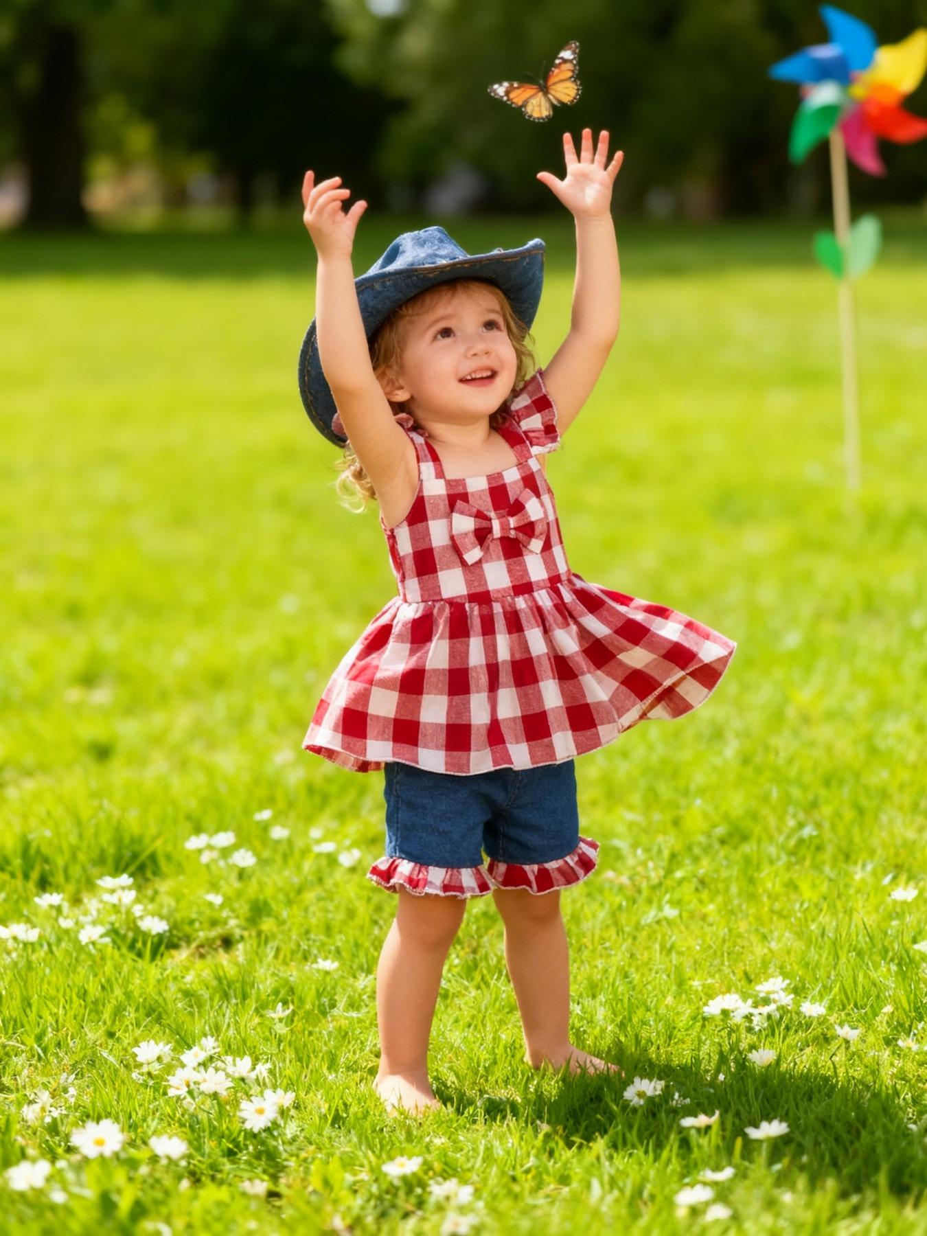 Baby Girl Vintage Plaid Bow Vest Set, baby clothing, Outfits, Fitted Denim Shorts, Summer, Comfortable Daily Wear, Perfect Gift