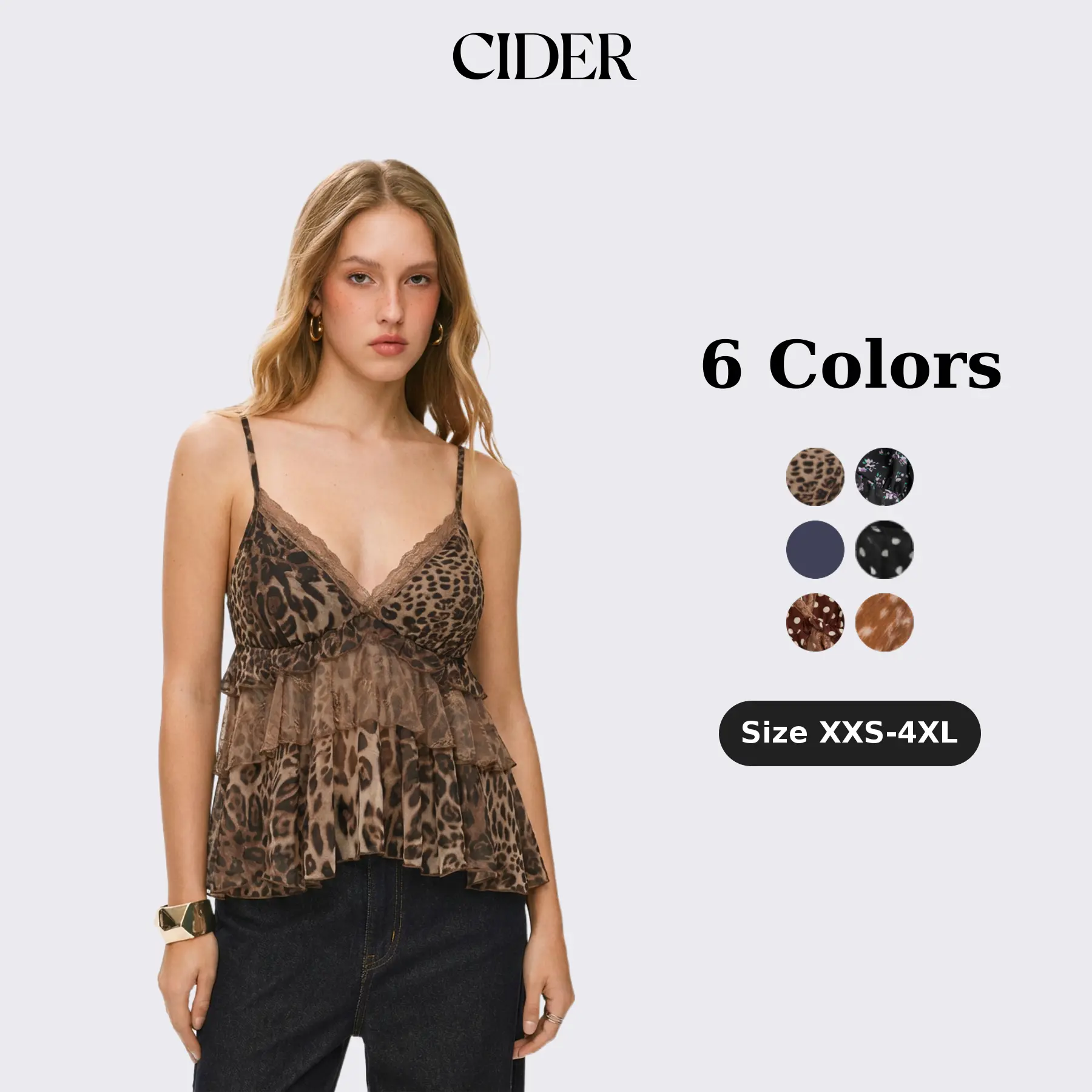 Cider Chiffon Leopard V-neck Lace Trim Cami Top