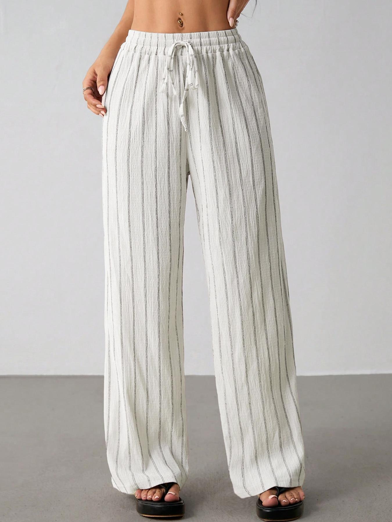 Valentine's Day Women's Striped Waist Tie Straight Leg Loose Casual Belted Pants, Fitted Style, Moderate Fabric Thickness, All Seasons Wear Valentine's Day Women's Striped Waist Tie Straight Leg Loose Casual Belted Pants, Fitted Style, Moderate Fabric Thickness, All Seasons Wear