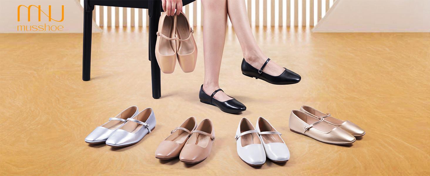 MUSSHOE Square Toe Mary Jane Flats with Adjustable Strap and Comfy Insole