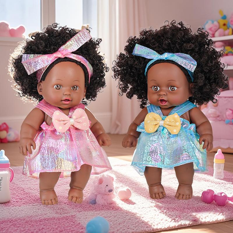 Ecore Fun 2 Pcs 8 Inch Black Baby Doll African Washable Realistic Silicone Baby Dolls with Clothes and Hairband…