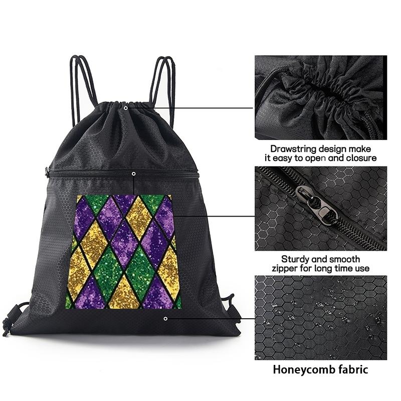 Mardi Gras Colorful Diamond Pattern Drawstring Backpack Lightweight Gym Bag for Travel and Sports Use Perfect Gift for Festival Celebrations Carnival Party Fans and Costume Accessory Lovers Ideal Holiday Present for Adu