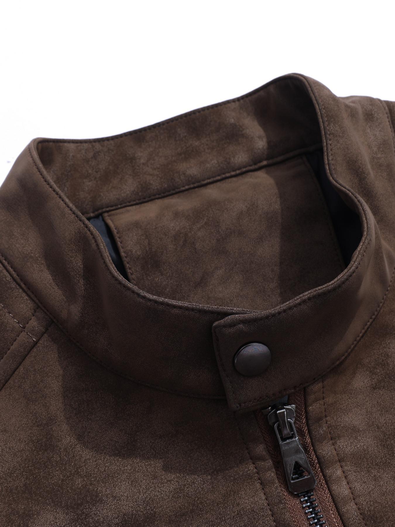 Men's PU Leather Jacket, Stand Collar Slim Fit Outdoor Windproof Coat, Artificial Leather Outerwear, Casual Fashion Jacket, Casual Athletic Jacket