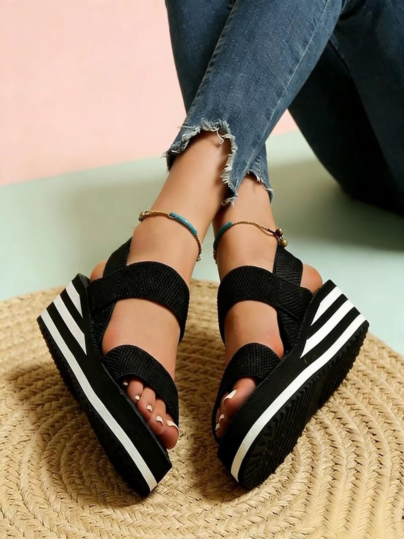 Thick Sole Fish Mouth Sandals, Elastic Strap, Lightweight Casual Beach Shoes, All-Season Textile Upper, Rubber Sole, Large Size