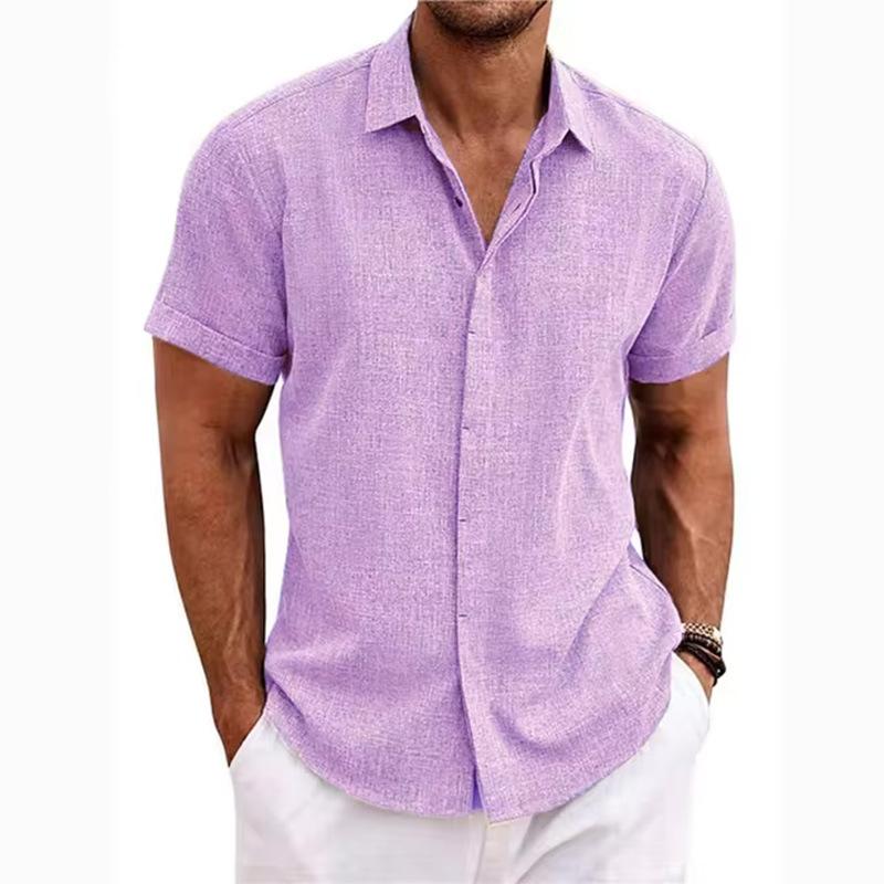 Men's Plain Linen-Polyester Short-Sleeve Button-Down Shirts - Loose-Fitting, Collared Neck, Lightweight, Breathable, Skin Friendly, Street Casual Tops for Daily, Semi-Formal Menswear
