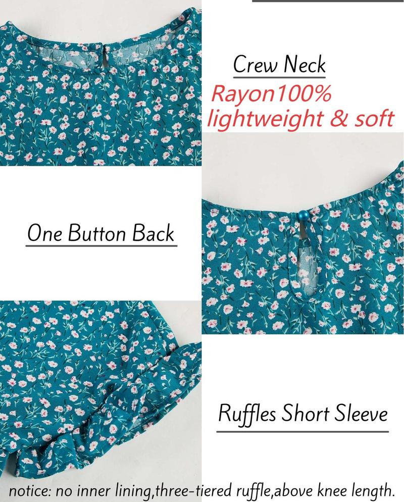 FMEYOA Womens Ruffles Boho Floral Printed Babydoll Loose Swing Casual Short Mini T-Shirt Dress