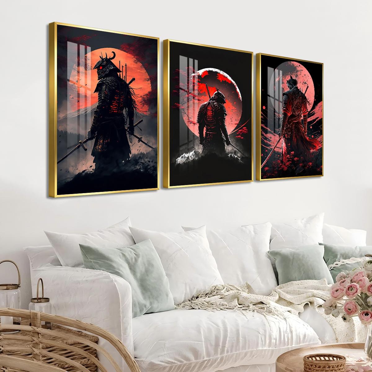 3 Counts Aluminum Alloy Framed Painting, Samurai Warriors Under Red Moon Artwork, Home Decoration For Living Room, Bedroom, Office, Restaurant, Hallway Wall Decor, Odorless Print Artwork, Luxury Perfect Gift For Friends And Family