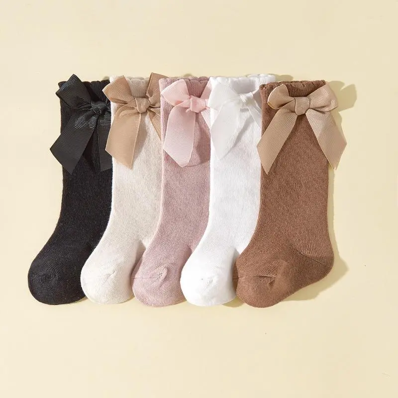 5 Pairs Toddler Knee High Bow Socks, Soft Combed Cotton Ribbed Long Tube Socks, Non-Binding Elastic Calf Socks for 0-3T Daily Dress Matching & Gift Set