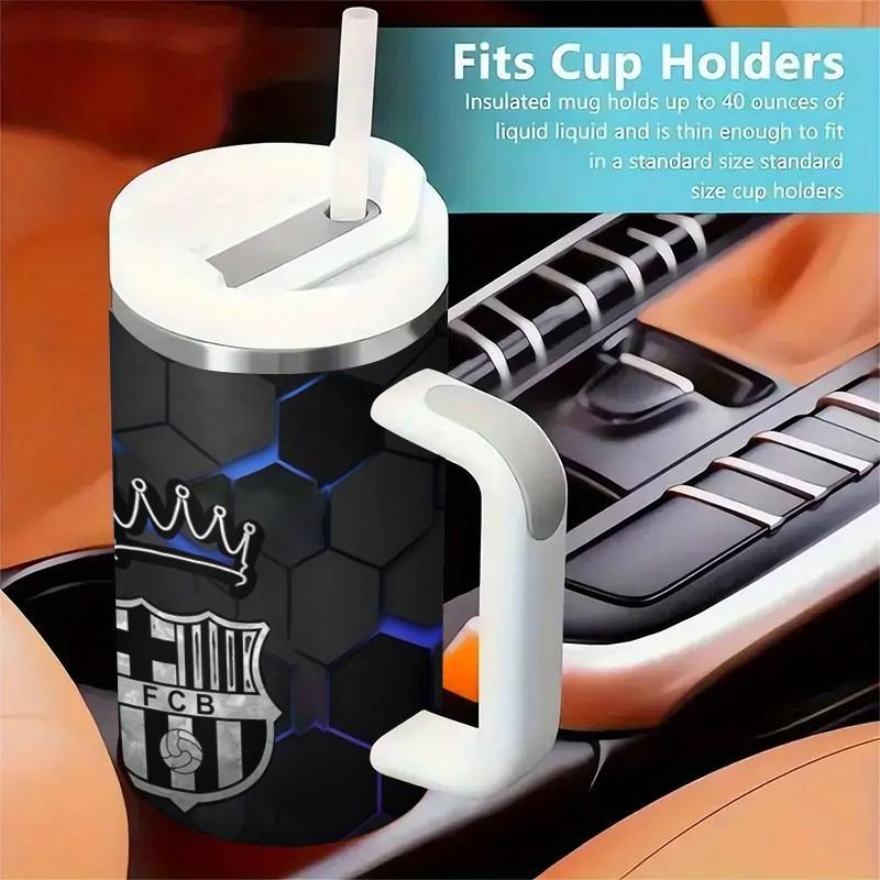1pc Barcelona Logo Honeycomb Stainless Steel Car Cup, Non-Slip Handle, Large Capacity Water Bottle, Football Theme, 40oz Insulated Cup with Straw