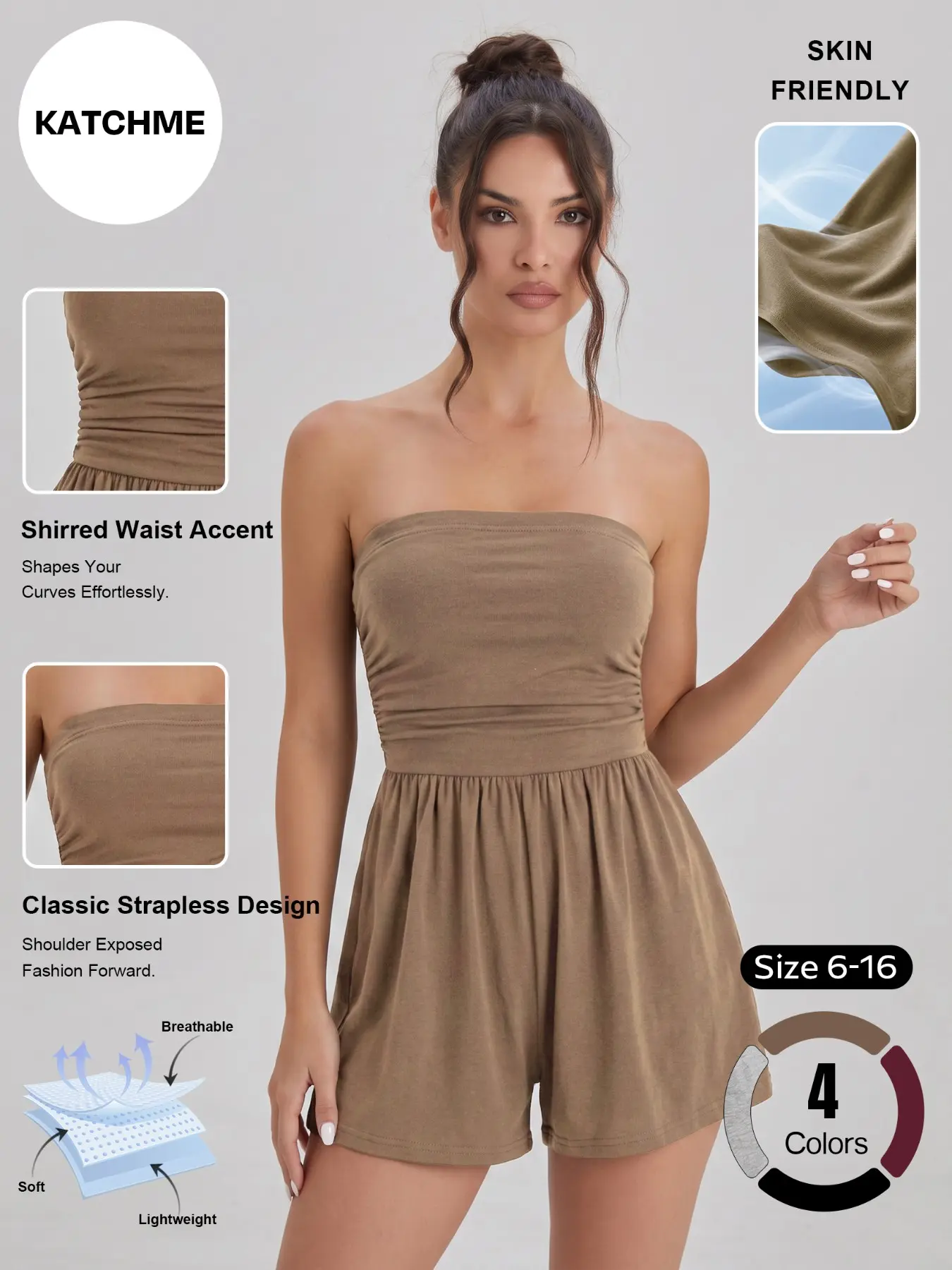 Women's Versatile Solid Color Strapless Shirred Waist Playsuit, Lightweight High Stretch Sweat-Wicking Daily Outfit, Summer Skin-Friendly Breathable Flattering Womenswear #TikTokMadeMeBuyIt #SummerEssentials #Athleisure