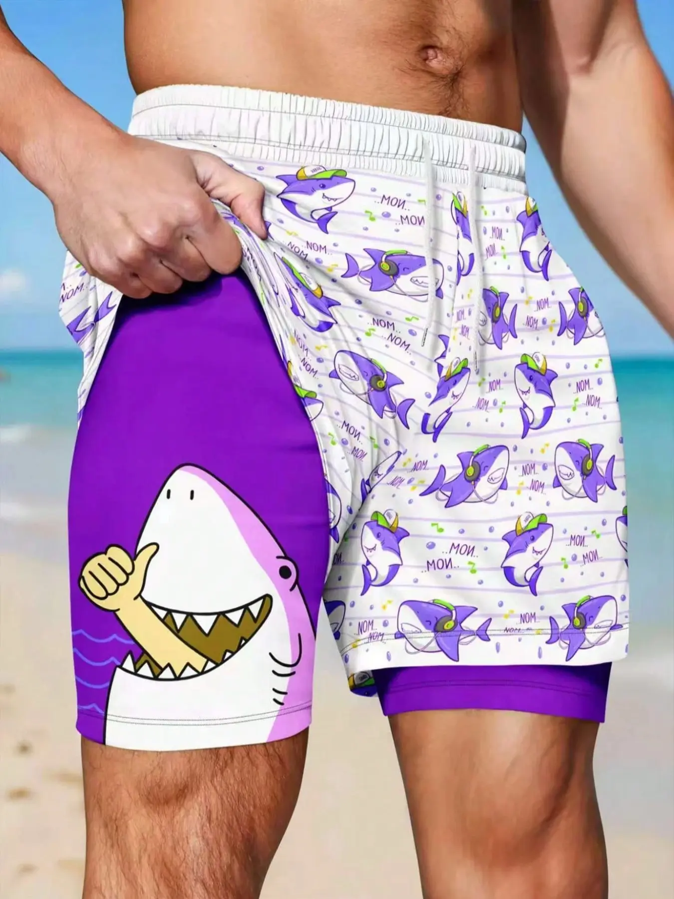 Men's Cute Shark Print Swim Trunks with Lining, Sporty Loose-Fitting Beachwear, All Seasons Random Print Swimsuit