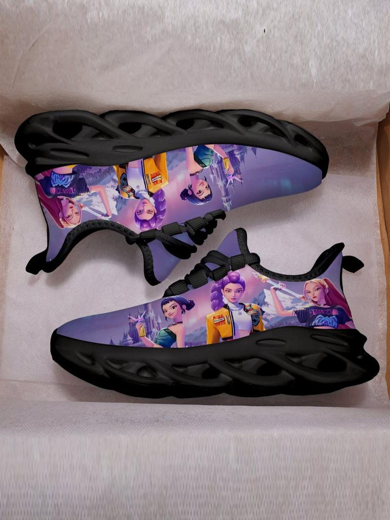 K-Pop Hunter Girl Pattern Kids Shoes, Breathable Mesh Lace-Up Low Top Eva Sole, Durable Fashion Casual Sporty Children Sneakers