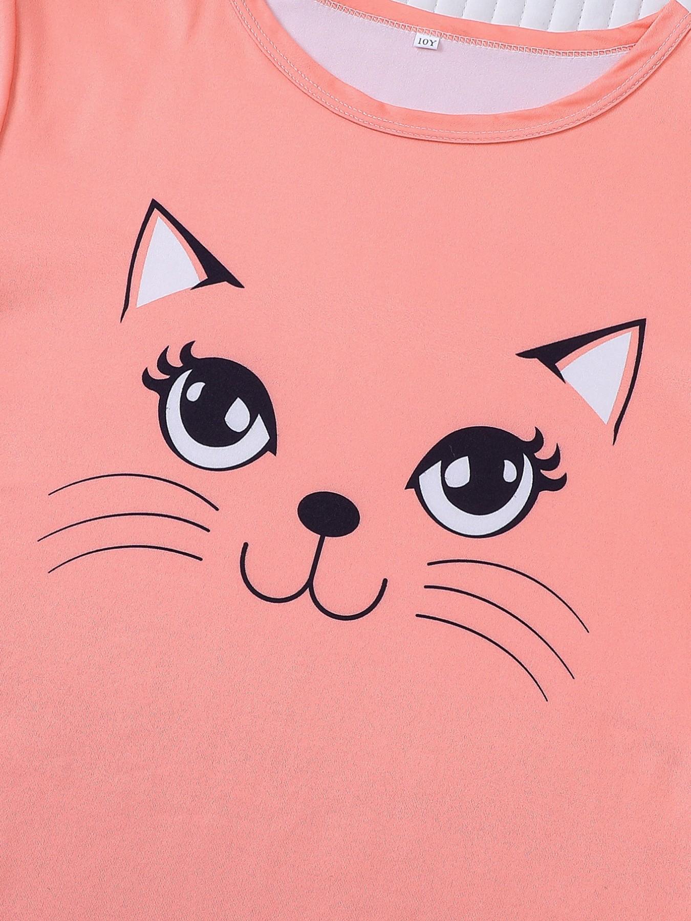 Cartoon Cat Theme Sleepwear Set, Summer Fire Retardant Fabric, Cute Short Sleeve Pajamas, Cartoon Print Pajama, Casual Home Wear, Kids Gift Set