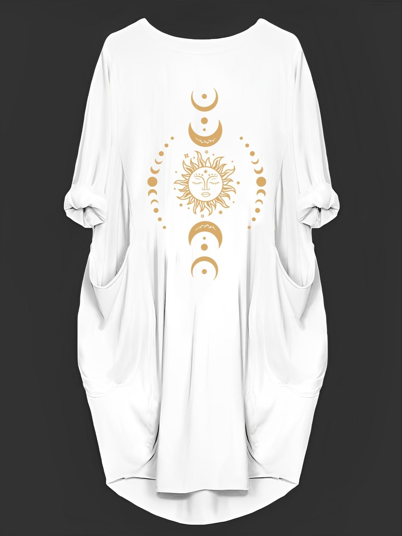 Plus Size Moon & Sun Print Asymmetrical Hem Graphic Dress, Casual Long Sleeve Round Neck Dress for Summer, Women's Plus Clothing for Daily Wear, Womenswear