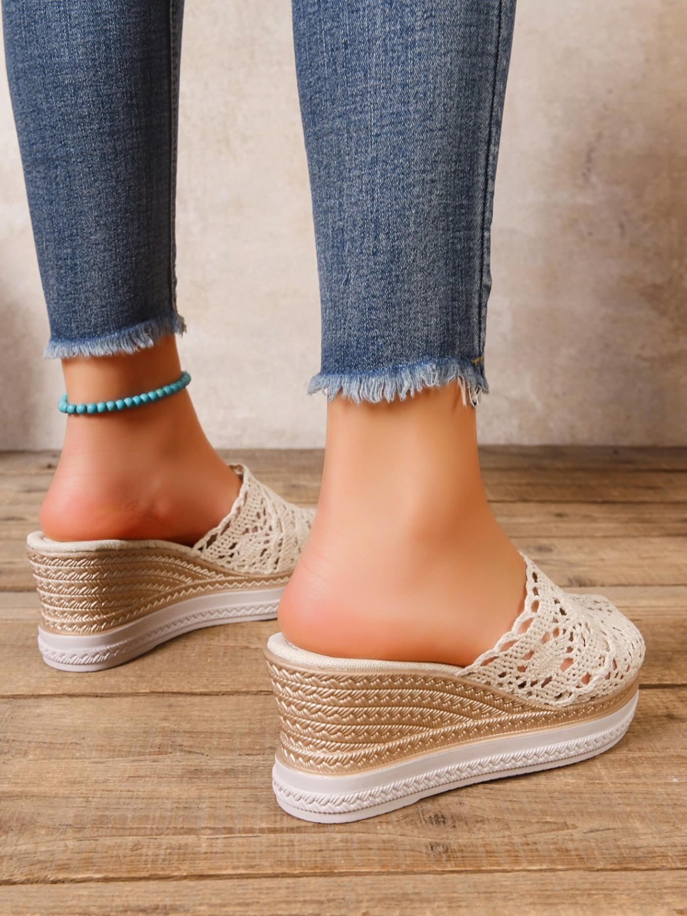 Women's Hollow Out Crochet Wedge Mules, Summer Straw Thick Sole Slip-On Sandals, Height-Boosting Slimming Outdoor Flip Flops