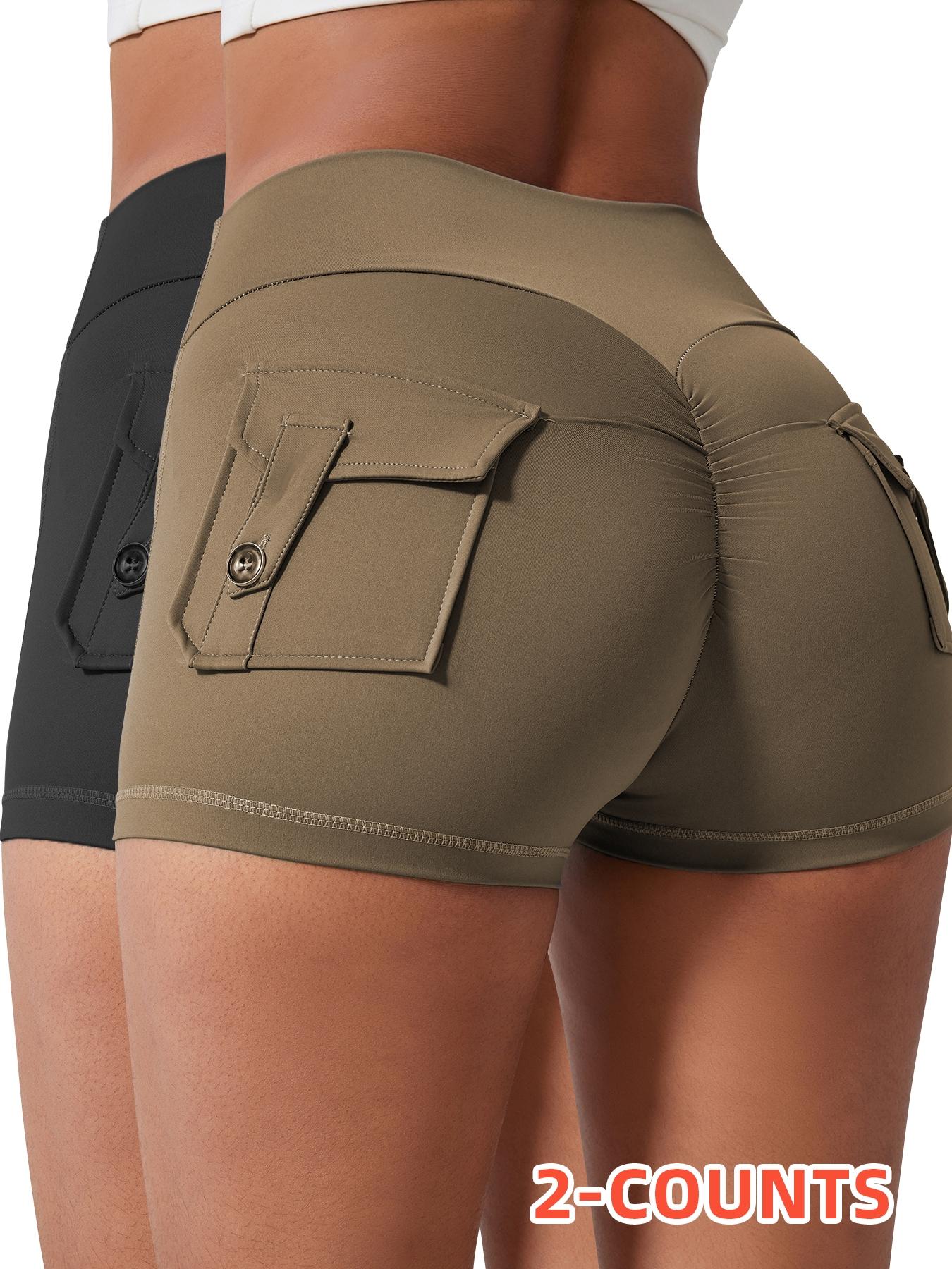 Women's Solid Button Pocket Sports Shorts, High Waist Comfy Breathable Ruched Skinny Sports Shorts for Yoga Gym Workout Running, Ladies Sportswear for Fall & Winter, Breathable Fitness Shorts