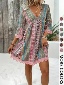 Women's Bohemian Style Vacation Valentine's Day V-Neck Long Sleeve Lace Trim Dress, Elegant Party Wear, Comfortable & Stylish