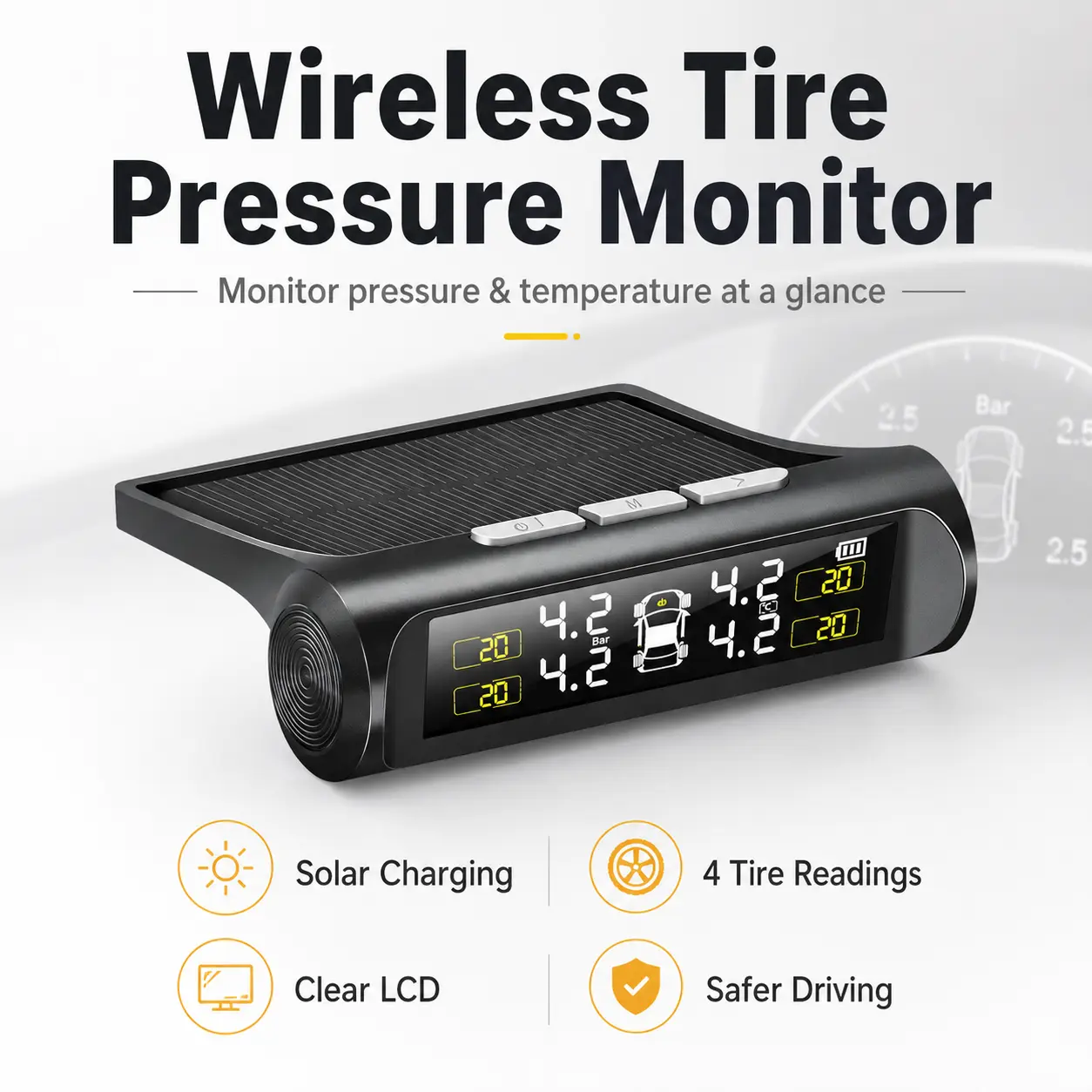 Solar-Powered Wireless TPMS Tire Pressure Monitoring System with Digital LCD Display, Real-Time Pressure and Temperature Alerts for Cars, SUVs, Trucks and Automotive Safety