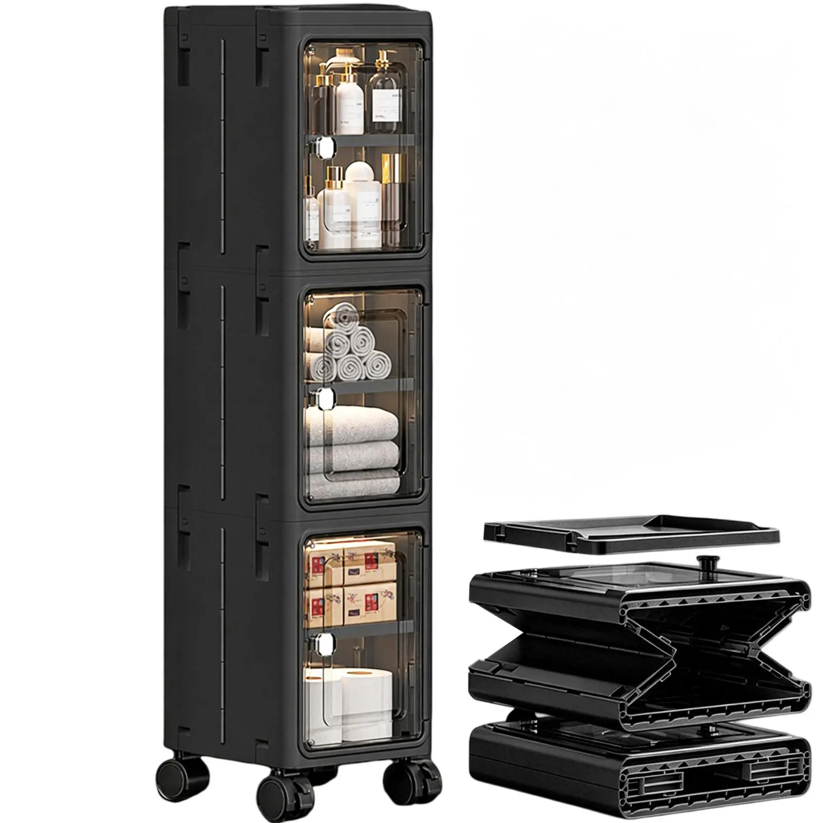 Tall Narrow Gap Storage Cabinet, Foldable Plastic Slim Organizer with Magnetic Clear Doors, Adjustable Shelves and Lockable Wheels, Stackable Pantry Storage Cabinet for Kitchen, Bathroom, Laundry Small Spaces