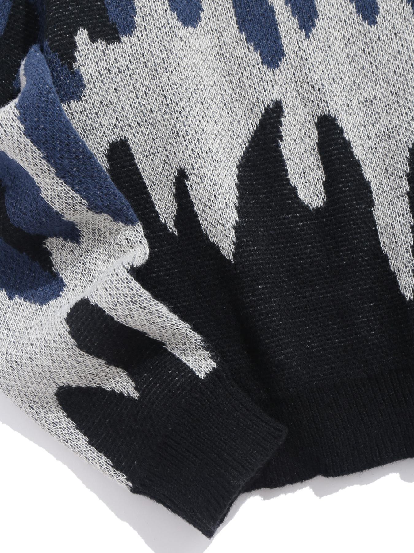 ZAFUL Men's Fall Winter Flame Pattern High Stretch Crew Neck Long Sleeve Sweater Ribbed Sweater Tops, Casual Loose Fit Knitwear for Men, Comfortable Daily Wear