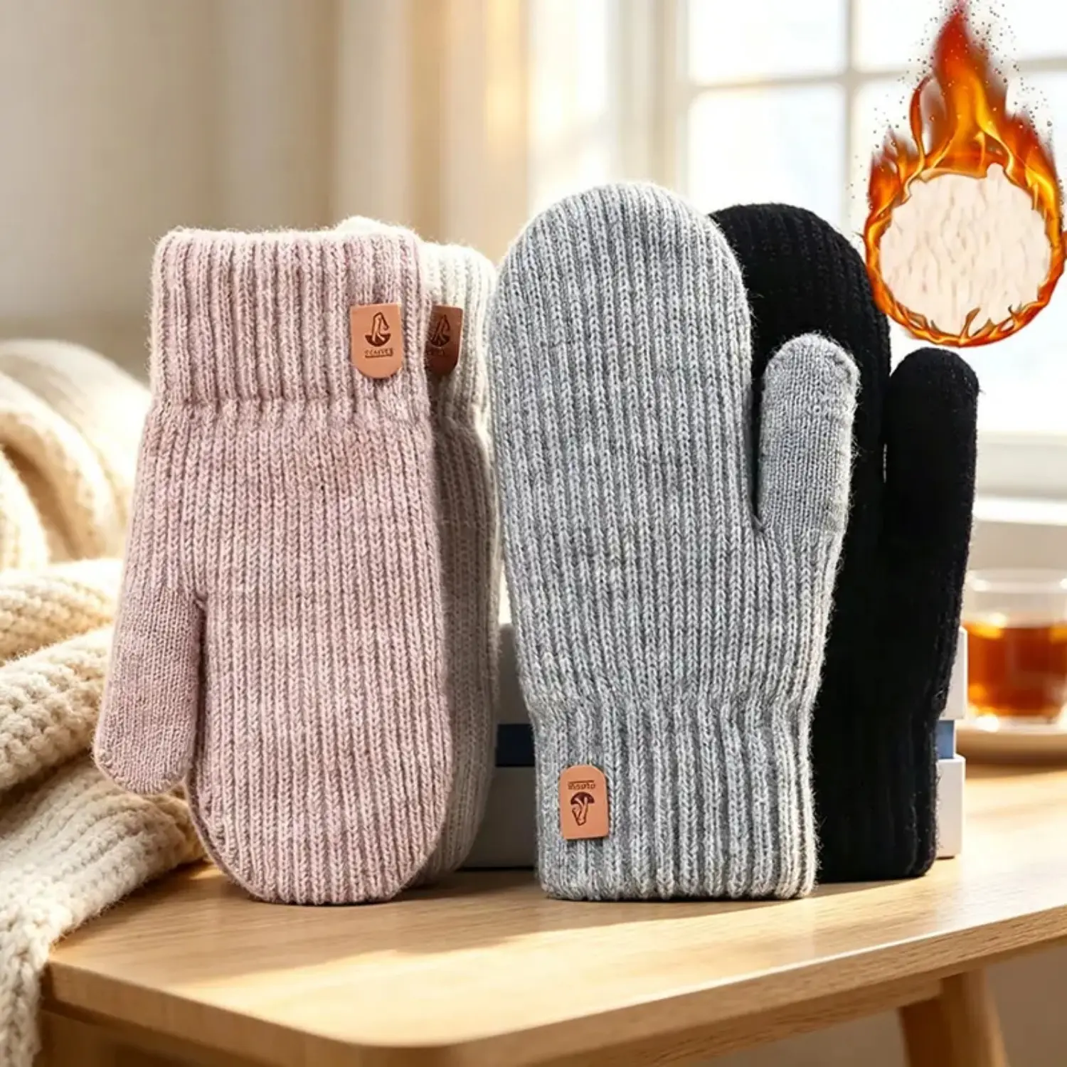 Fleece Lined Winter Thermal Knit Gloves for Women Girls, Touchscreen Soft Elastic Ribbed Cuff Full Finger Mittens, Cozy Solid Color Outdoor Hand Warmers, Daily Commute Driving Gifts