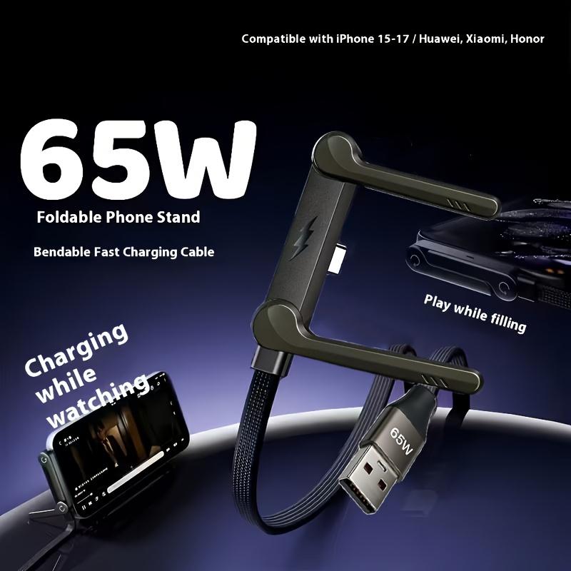 65W Flat Braided Fast Charging Cable,  Phone Holder | 2-in-1 Foldable Holder, Durable Multifunctional Charging Cable Suitable for Smartphones and Tablets, Samsung Type-C Charging Cable