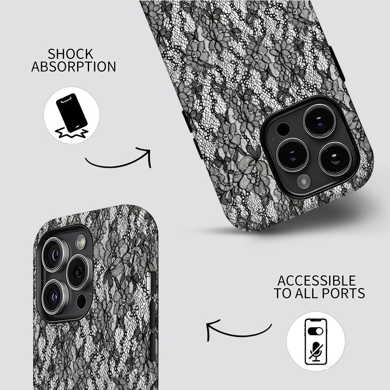 Black lace creative pattern, stylish and unique 2-in-1 phone case, durable and anti-drop, suitable for iPhone 17 16 15 14 13 12 11 Plus Pro Max Air, Samsung Galaxy S Series and A Series, a gift for family and friends