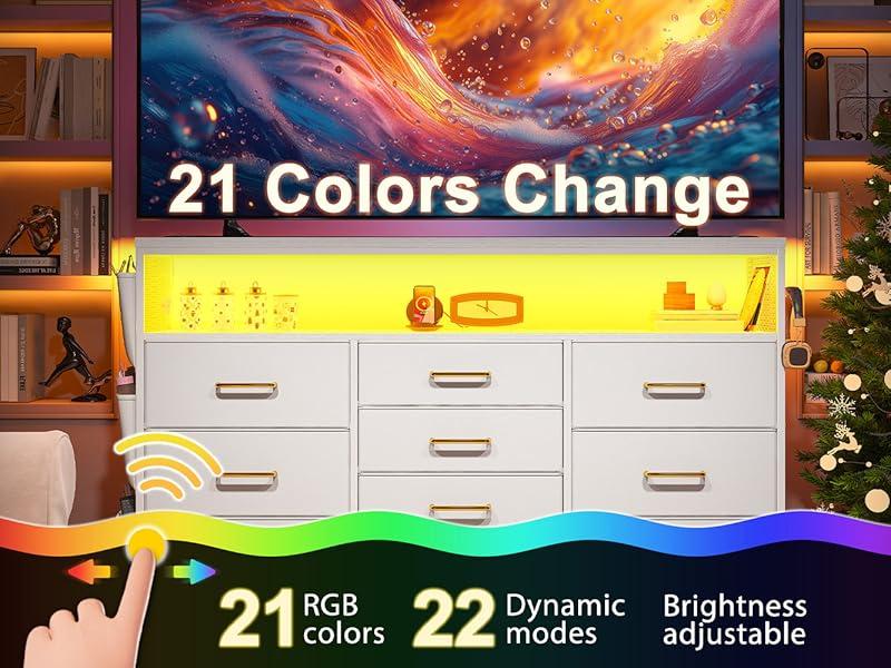 Raybee Furniture Dresser TV Stand with 10 Drawers, LED Lights & Power Outlets Wide Dresser for Bedroom with Shelves & Side Pockets Sturdy Metal Frame & Wood Top