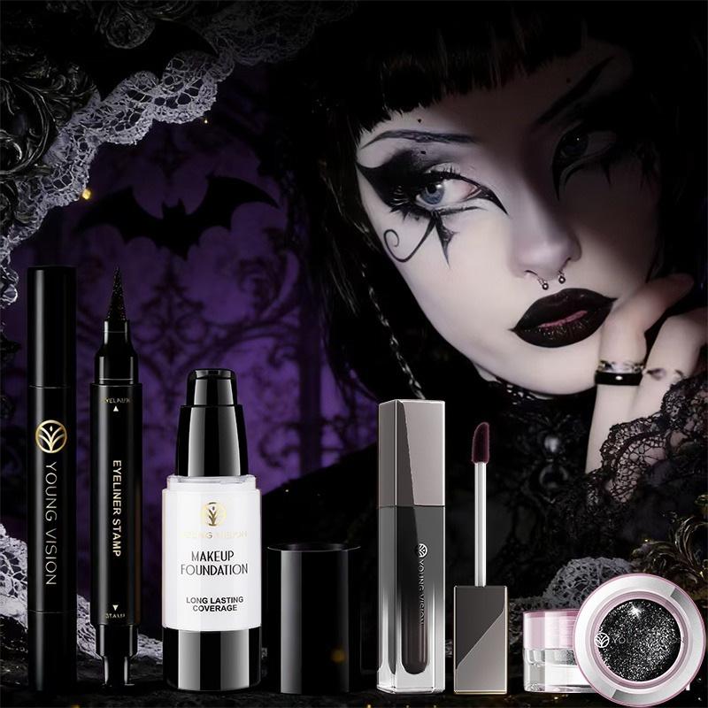 4pcs Halloween Facial Makeup Combination Set Gothic Style Black Lipstick Eyeliner Eye Shadow White Foundation Make-up Set Makeup Sets