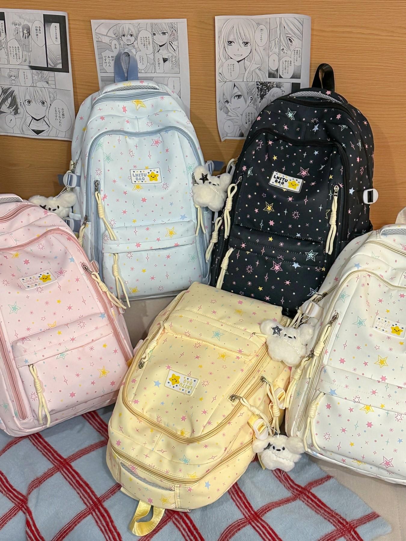 2026 New Cute Waterproof Fashion Star Pattern Backpack, High School Student Book Bag, Large Capacity Dual Shoulder Bag with Charm