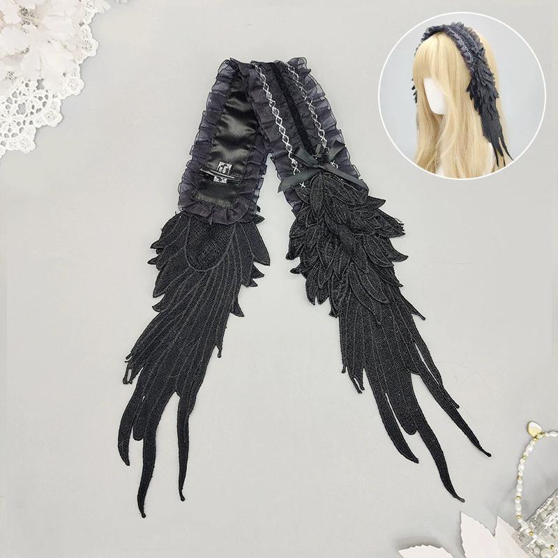 Dark Gothic Lolita Harajuku Hairband Angel Feather Wings Lace Trimmed Headpiece Black& white Lolita Wing Hair Accessories