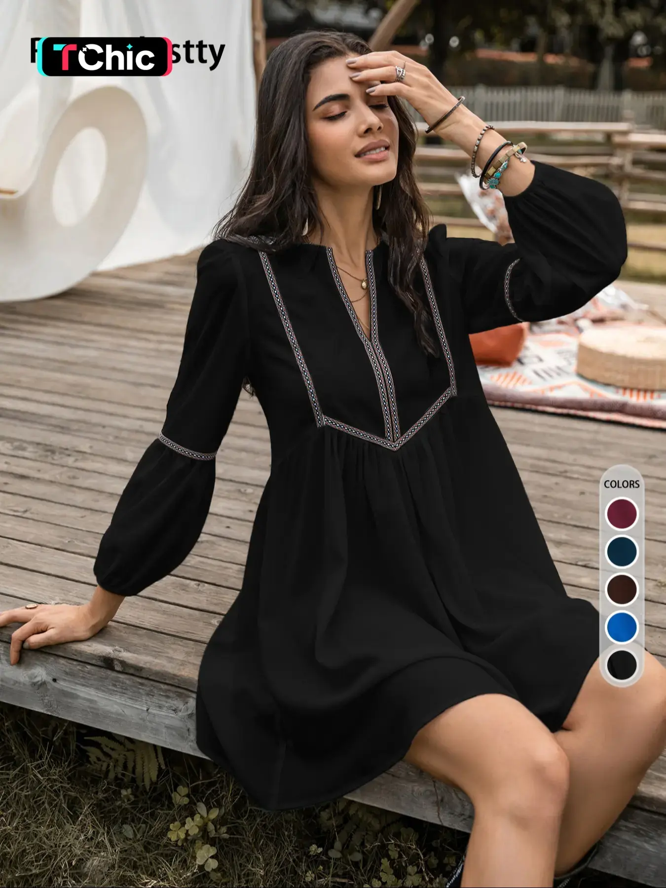 Women's Geometric Embroidery Smock Dress, Boho Bishop Sleeve Notched Neck Short Dress for Beach Vacation Holiday, Ladies Clothes for All Seasons