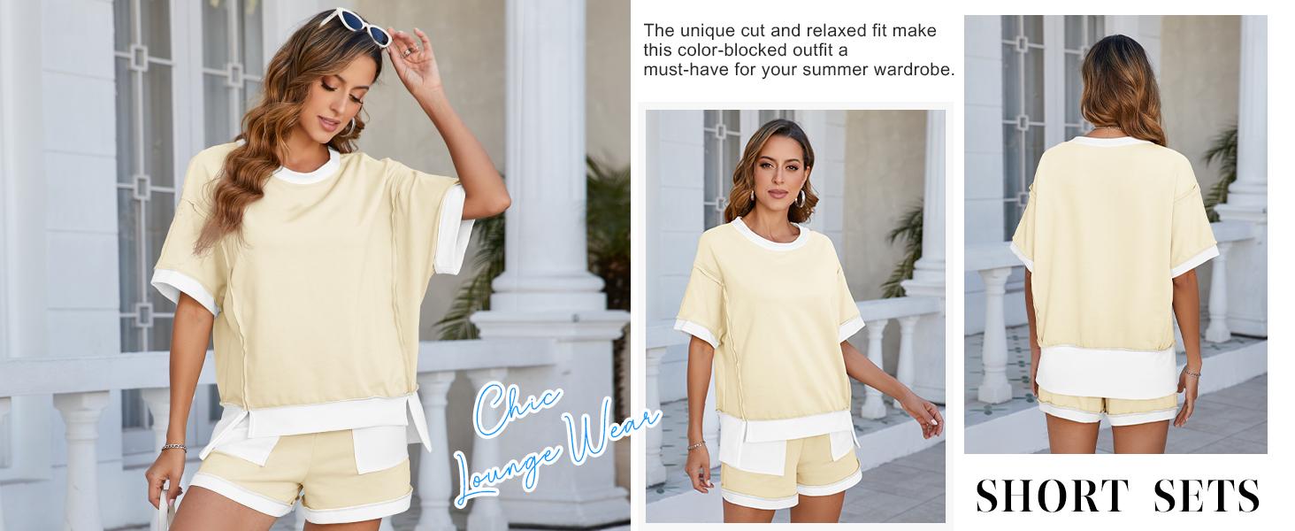 FISOEW Sports 2026 Summer Spring Women's Summer Two-Piece Sportswear Set, Loose Sweatshirt and Shorts, Casual Color-Blocking Breathable Loungewear Set, New Autumn Collection, SpringStatements