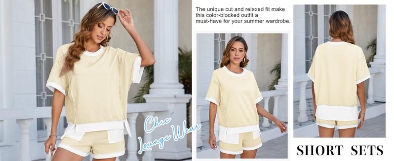 FISOEW Women's Summer Two-Piece Sportswear Set, Loose Sweatshirt and Shorts, Casual Color-Blocking Breathable Loungewear Set, New Autumn Collection, Valentine's Day Gift Recommendation