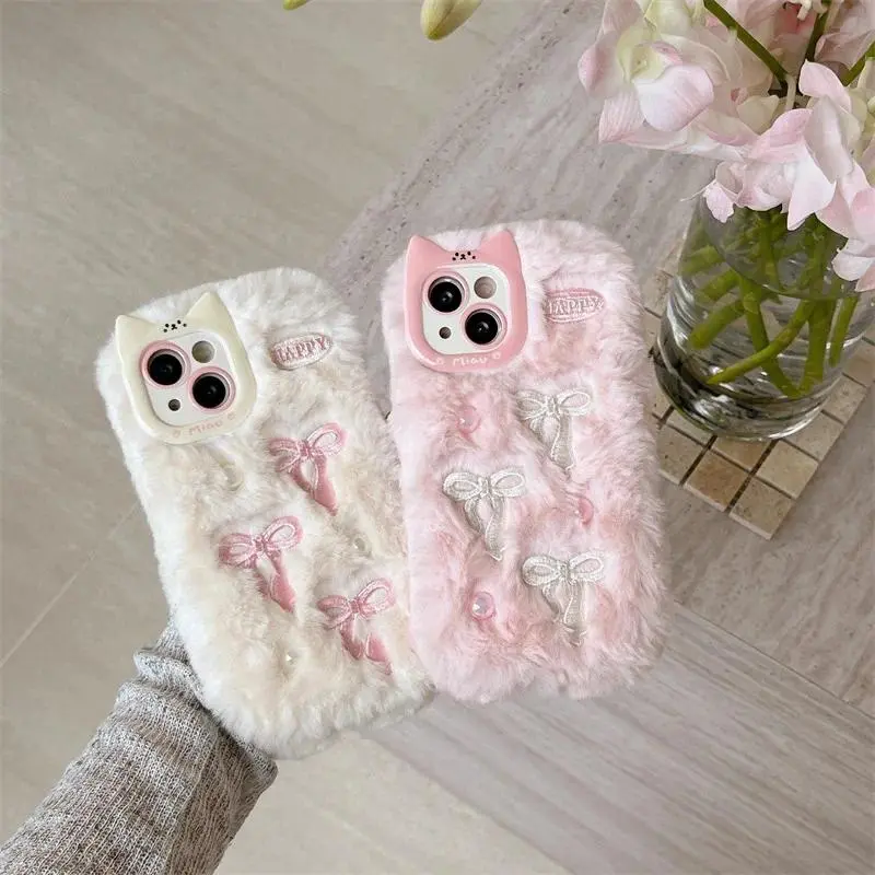Luxury Cartoon Bowknot Embroidery 3D Pearl Fluffy Plush Phone Case For  iPhone 17 Air 14 15 16 12 11 13 Pro Max Shockproof Cover