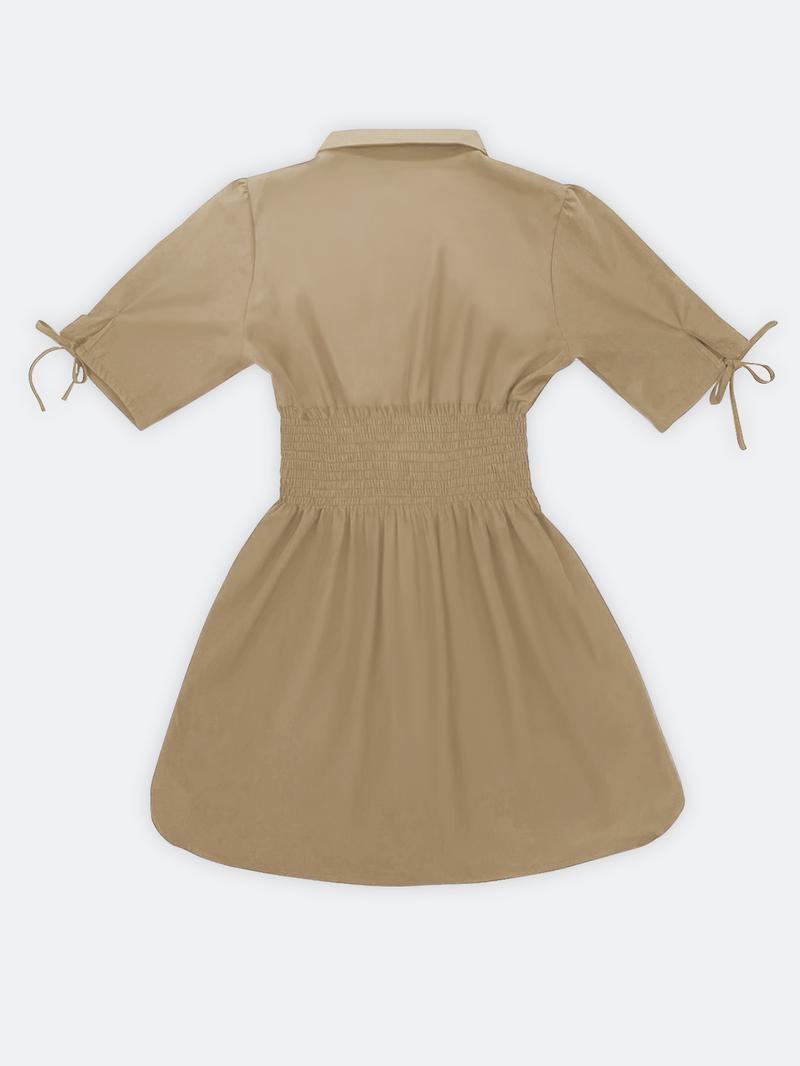 Women's Solid Color Shirt Collar Button Front Dress, Casual Short Sleeve Curved Hem Dress for Daily Wear, Ladies Clothes for Spring & Fall