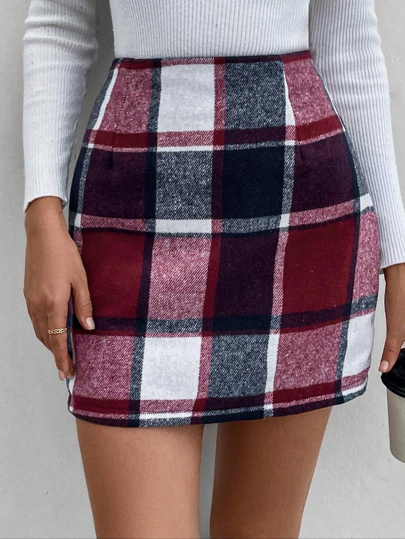 Women's Classic Plaid Woolen Mini Skirt, Spring & Fall High Waist Bodycon Dress, Valentine's Day, Elegant Style