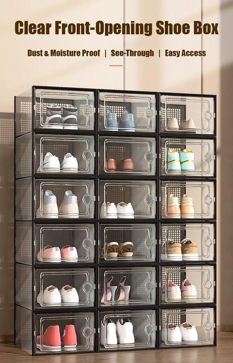 Space-Saving Shoe Storage Box Portable No Assembly Required 2mm Thick Panel Load Bearing 23kg Dustproof Foldable Shoe Container For Bedroom Closet 12/24Pcs
