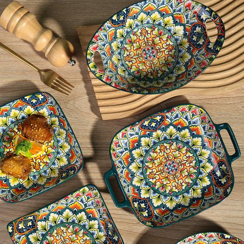 4-Piece Bohemian Ceramic Tableware Set, Hand-Drawn Ethnic Style Bowls and Plates, Creative Home Dining Essentials, Ceramic Dinnerware Sets, Non-Bone China
