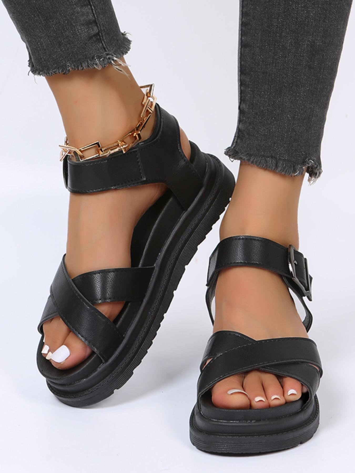 Women's Summer 2024 Fashionable Solid Color Criss Cross Strap Flatform Sandals, Casual Comfortable Wedge Sandals, Female All-match Shoes for Beach Vacation